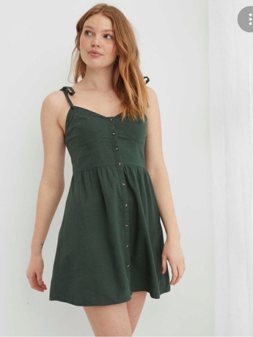 aerie Dark Green Button-Front Tie-Shoulder Mini Dress Linen Blend Summer